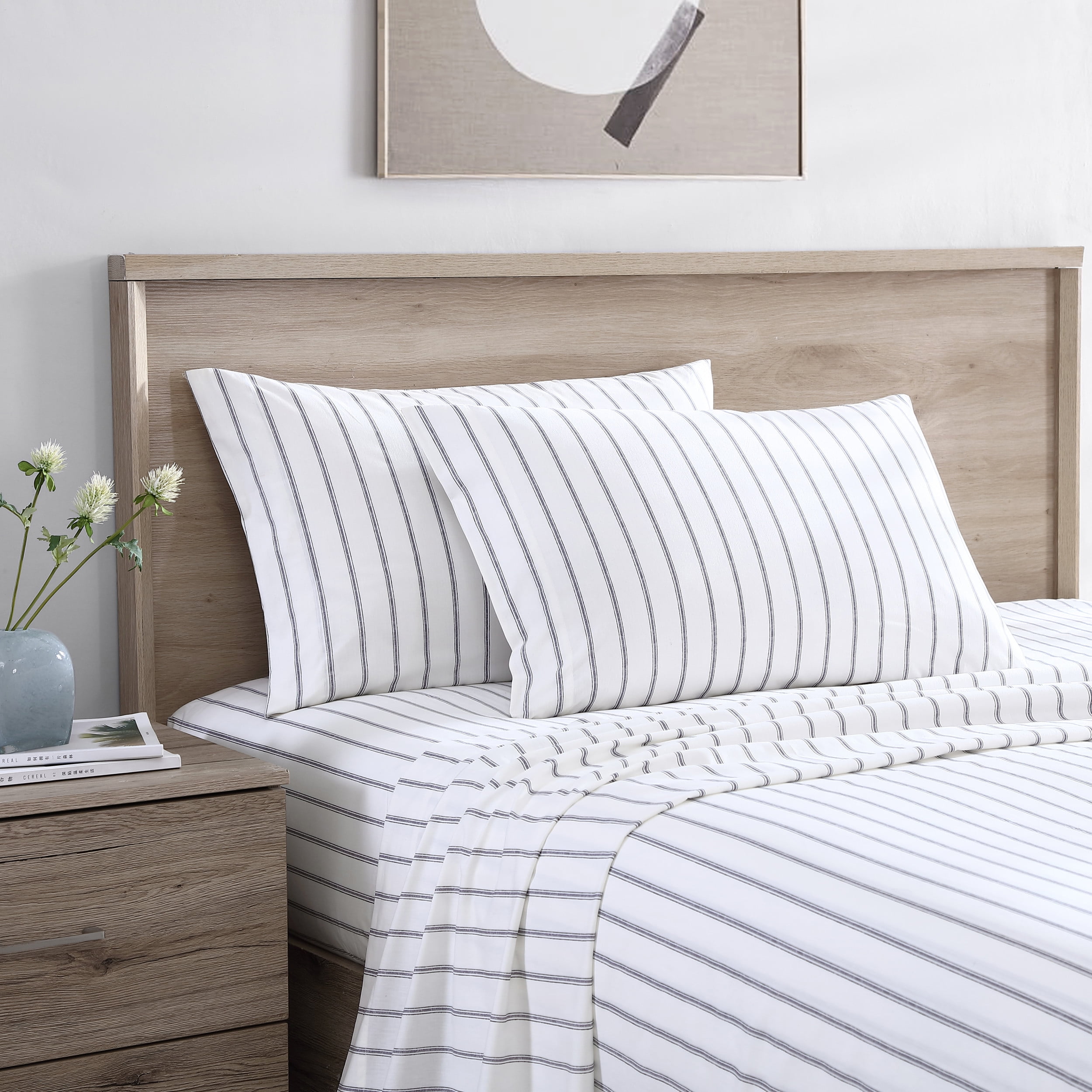 Gray and White Striped Cotton Percale Full Sheet Set