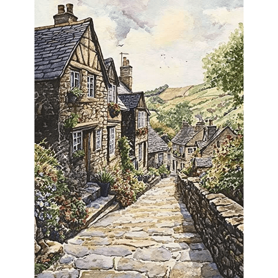 Stone Cottage Village Pathway Canvas Wall Art， Perfect for Living Room， Bedroom， Kitchen， Dining Room， and Office Decoration.