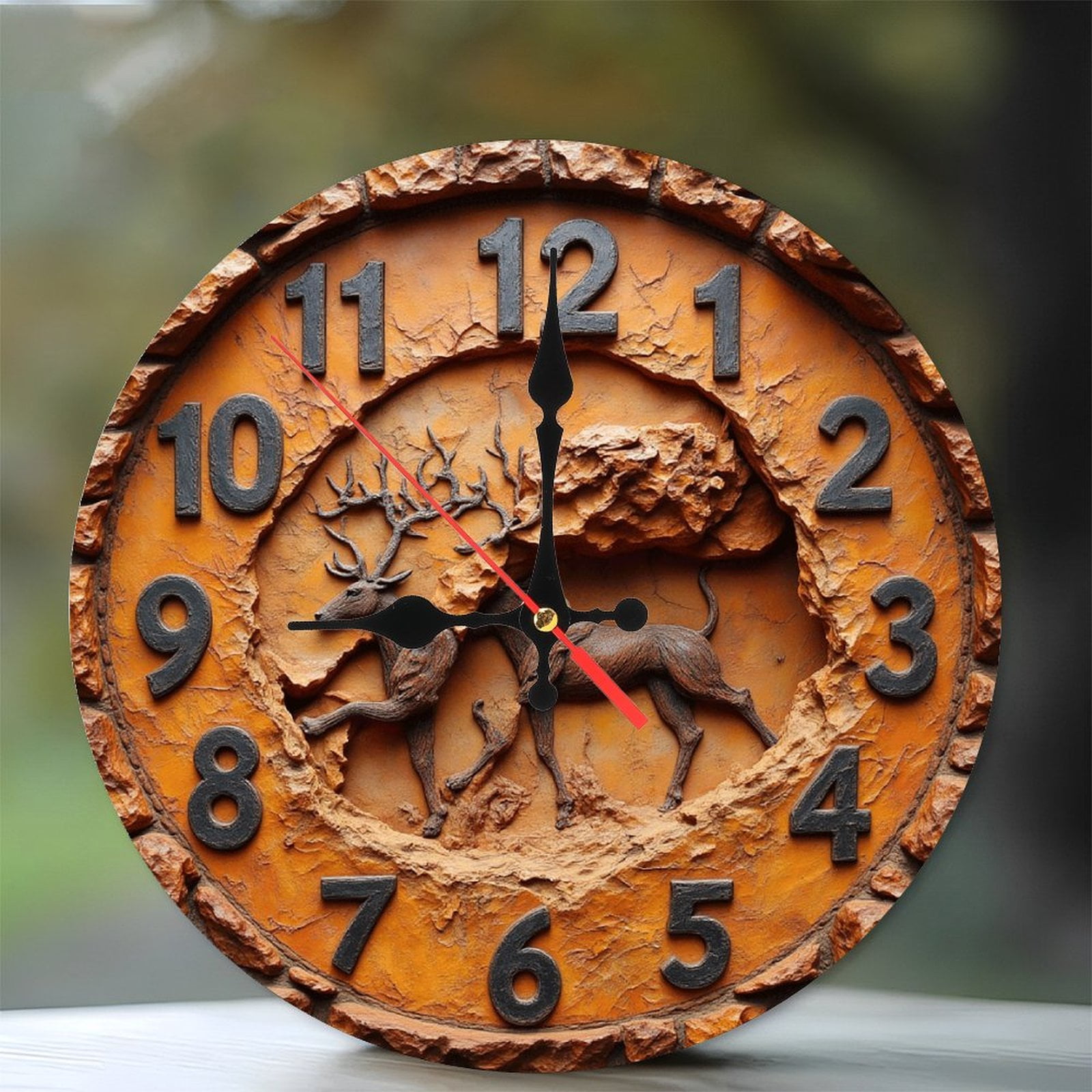 Stone Deer Wall Clock Rustic Home Decor 10-Inch Silent Wooden Wall ...