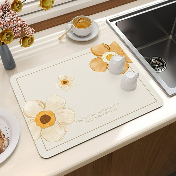 VBXOAE Stone Dish Drying Mat Ultra Absorbent Heat up to 450 F Diatomaceous Earth Sink Tray Mat Non Slip Unique Flower Design Perfect for Kitchen Counter Dish Bottles Cups Pet Bowls