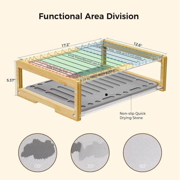 Stone Dish Drying Mat with Stainless Steel Rack, Super Absorbent Diatomaceous Earth Mat for Kitchen Counter