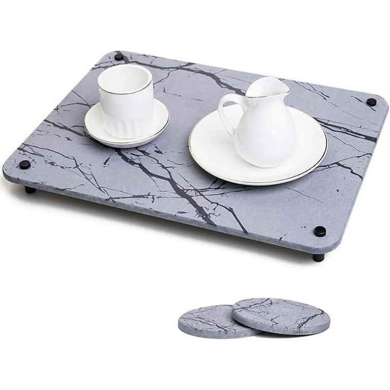 Super Absorbent Diatomaceous Earth Drying Mat - Fast-Dry Kitchen Counter Mat For Dishes, Stone Tray For Cups, Marble Dark Gray