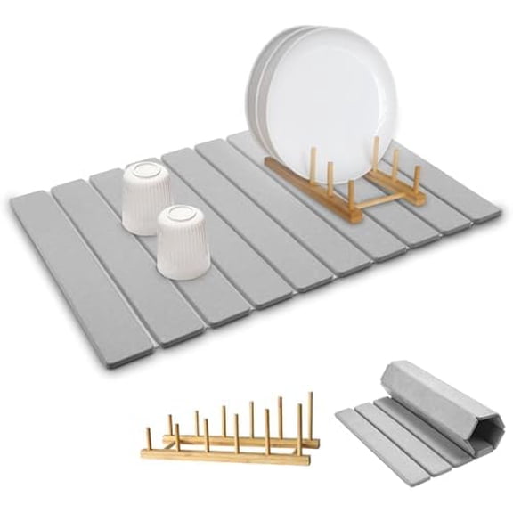 Stone Dish Drying Mats for Kitchen Counter,2416 IN,Foldable Dish Drying Mat,Equipped Dish RackStrong Water AbsorptionDiatomaceous Earth MaterialSuitable for Plates,Cups and Any Kitchen Utensils