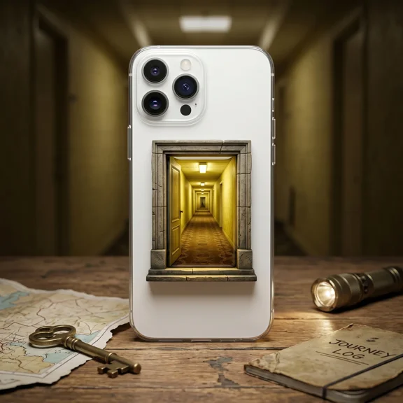Stone Doorway Liminal Space Phone Grip, Aesthetic Infinite Yellow Hallway Phone Holder Stand, Creepypasta Weirdcore Accessory, Cool Gift for Gamers
