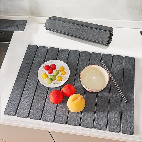 Stone Drying Mat for Kitchen Counter, 23.6"L x 15.7" W Quick Stone Dish Drying Mat Diatomaceous Earth Super Absorbent Collapsible Countertop Kitchen Mats Grey