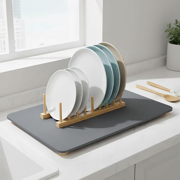 Stone Drying Mat for Kitchen Counter with 5 Wooden Feet &Bamboo Rack, 19.7"15.7" Diatomaceous Earth Dish Drying Mat, Elevated Drying Stone Mat for Modern Kitchen Countertop