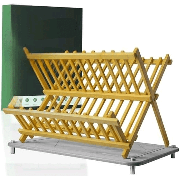 Stone Drying Mat for Kitchen Counter with Bamboo Dish Drying Rack - 2 Tier Wooden Rack Design, Fast Drying & Max Storage for Plates, Cups & Utensils - Large Diatomaceous Earth Dish Drying Mat