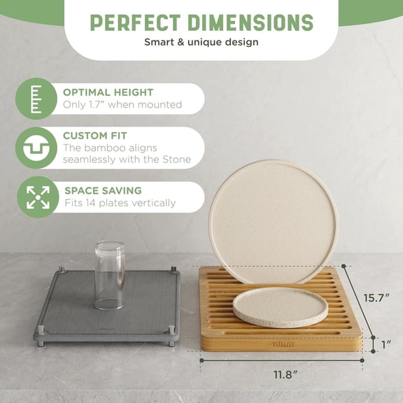 Stone Drying Mat for Kitchen Counter & Bamboo Rack - 16x12 Inch Diatomaceous Earth Dish Drying Mat Ultra Absorbent Fast Drying EcoFriendly Non-Slip Anti-Moisture Design