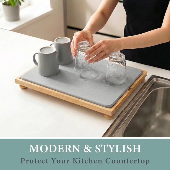 Stone Drying Mat for Kitchen Counter with Bamboo Rack, Super Absorbent Diatomaceous Earth Dish Drying Pad, Multi-purpose Quick Dry Mat for Sink and Countertop, Dark Gray
