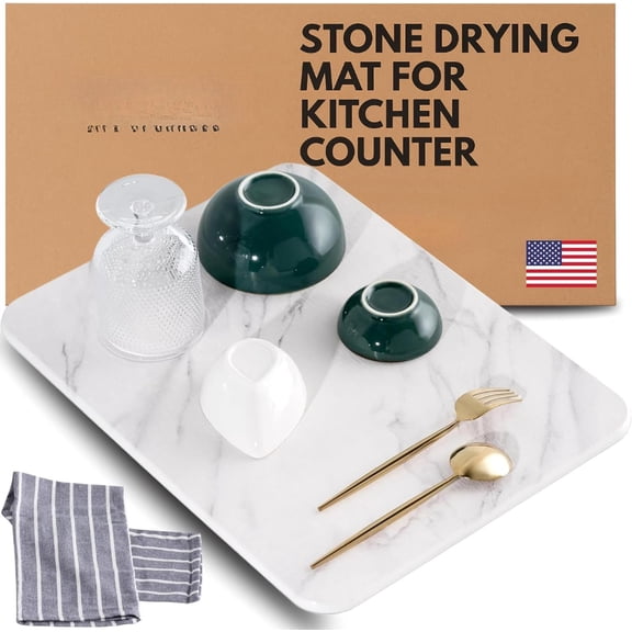 Stone Drying Mat for Kitchen Counter - Diatomaceous Earth Dish Drying Stone (White Marble) - Modern Countertop Drying Rack - Water Absorbent, Heat Resistant, Non-Slip Kitchen Mat with Towel (16"x12")