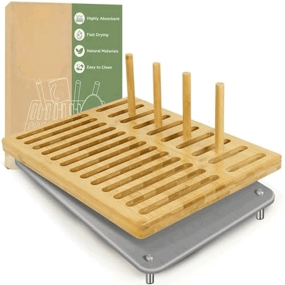 Stone Drying Mat for Kitchen Counter, Quick Dry Ultra Absorbent Dish Drying Mat with Bamboo Rack, Diatomaceous Earth Drying Pad for Dishes, Plates, Mugs 16x12$$Home Decor, Kitchen, & Other