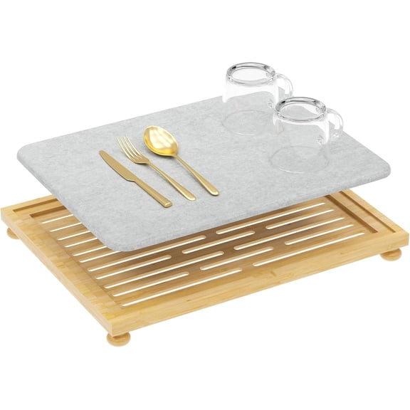 Stone Drying Mat for Kitchen Counter, Dish Drying Pad with Bamboo Rack, Super Absorbent Diatomaceous Earth and Drying Rack, 16x 12, Dark Grey