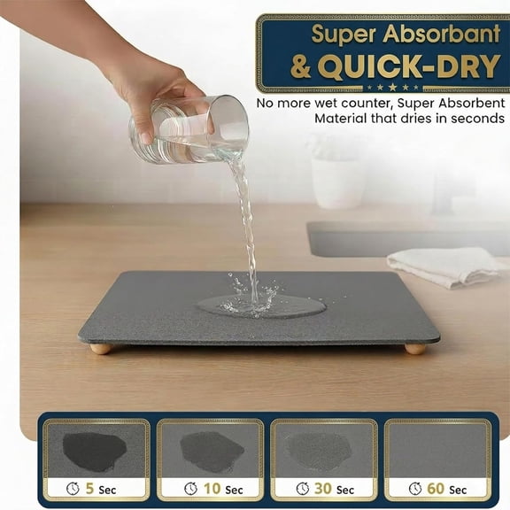 Stone Drying Mat for Kitchen Counter with 5 Wooden Feet & Bamboo Rack, 19.7"15.7" Diatomaceous Earth Dish Drying Mat