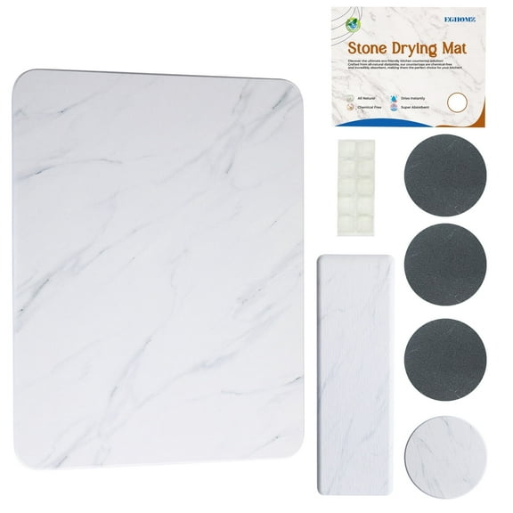 Stone Drying Mat for Kitchen - Quick Drying Stone Mat for Kitchen Counter, Perfect for Drying Cups And Dishes (16x12 Inch, WHITE)