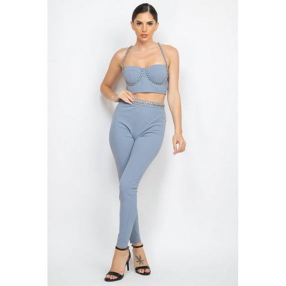 Stone Embellished Top And Pants Set L
