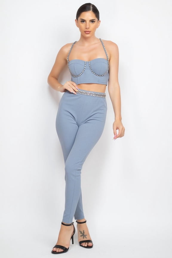 Stone Embellished Top And Pants Set S
