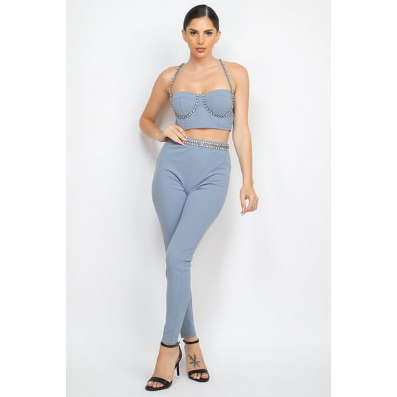 Stone Embellished Top And Pants Set Dusty Blush