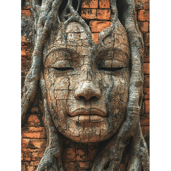 Stone Face Tree Roots Wall Art Canvas Print Suitable for Living RoomYoga Studio and Meditation Room Decoration.