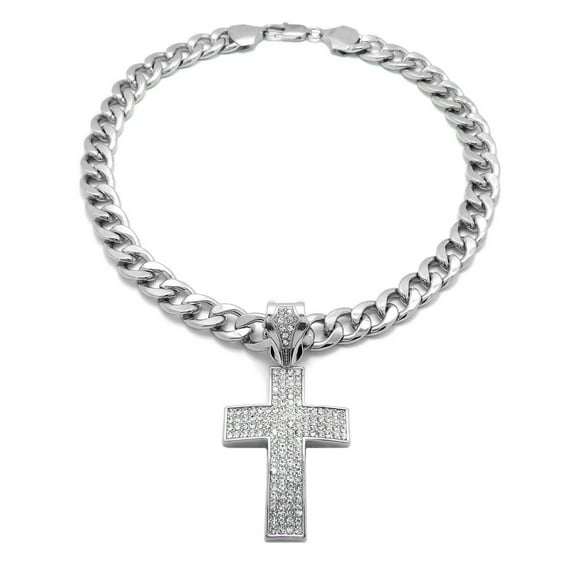 Stone Filled Cross Pendant 11mm 18", 20", 24" Cuban Chain Necklace