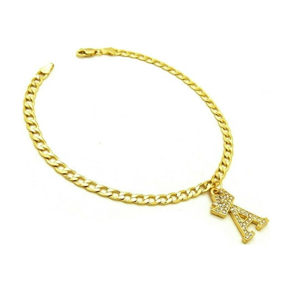Stone Filled Crown Initial Letter Piece 4mm 10" Flat Cuban Chain Ankle Bracelet Anklet