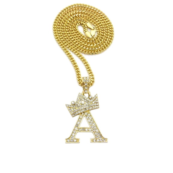 Stone Filled Initial Letter A Pendant 3mm 24" Cuban Chain Hip Hop Fashion Necklace