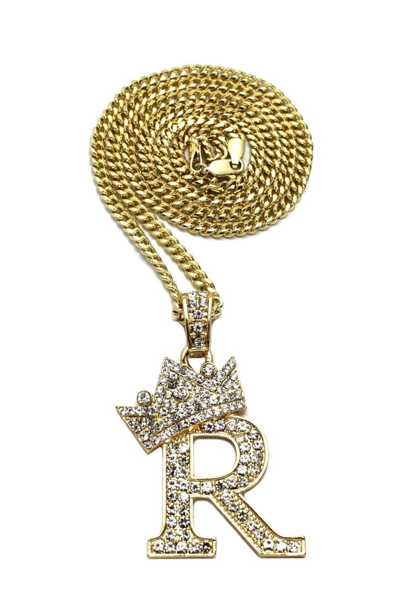 Stone Filled Initial Letter R Pendant 3mm 24" Cuban Chain Hip Hop Fashion Necklace