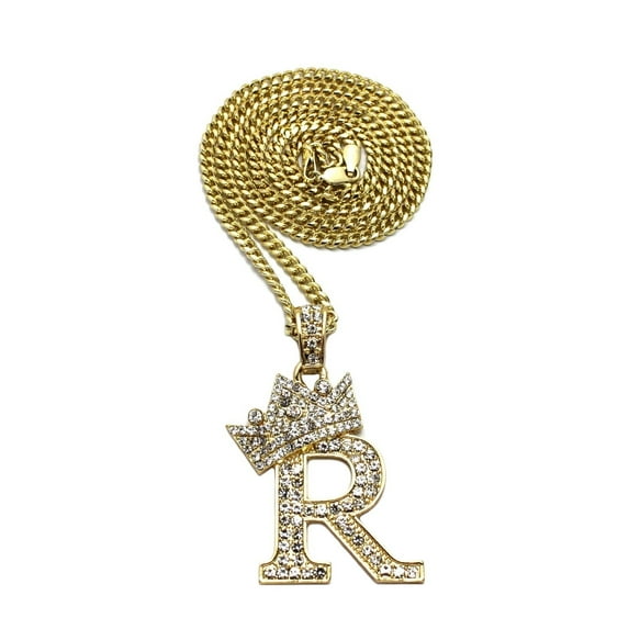 Stone Filled Initial Letter R Pendant 3mm 24" Cuban Chain Hip Hop Fashion Necklace
