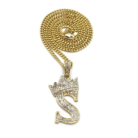 Stone Filled Initial Letter S Pendant 3mm 24" Cuban Chain Hip Hop Fashion Necklace