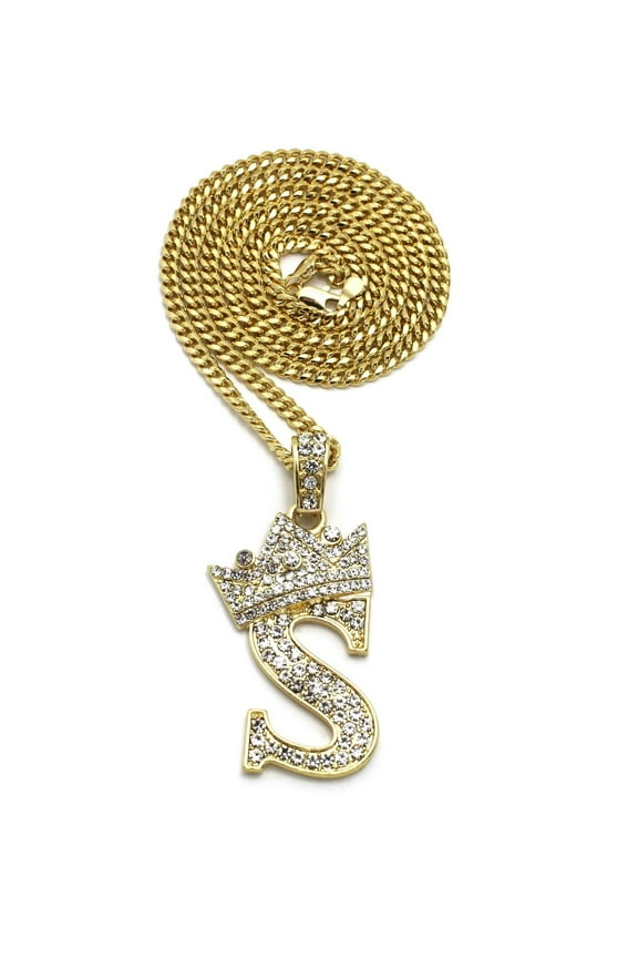 Stone Filled Initial Letter S Pendant 3mm 24" Cuban Chain Hip Hop Fashion Necklace