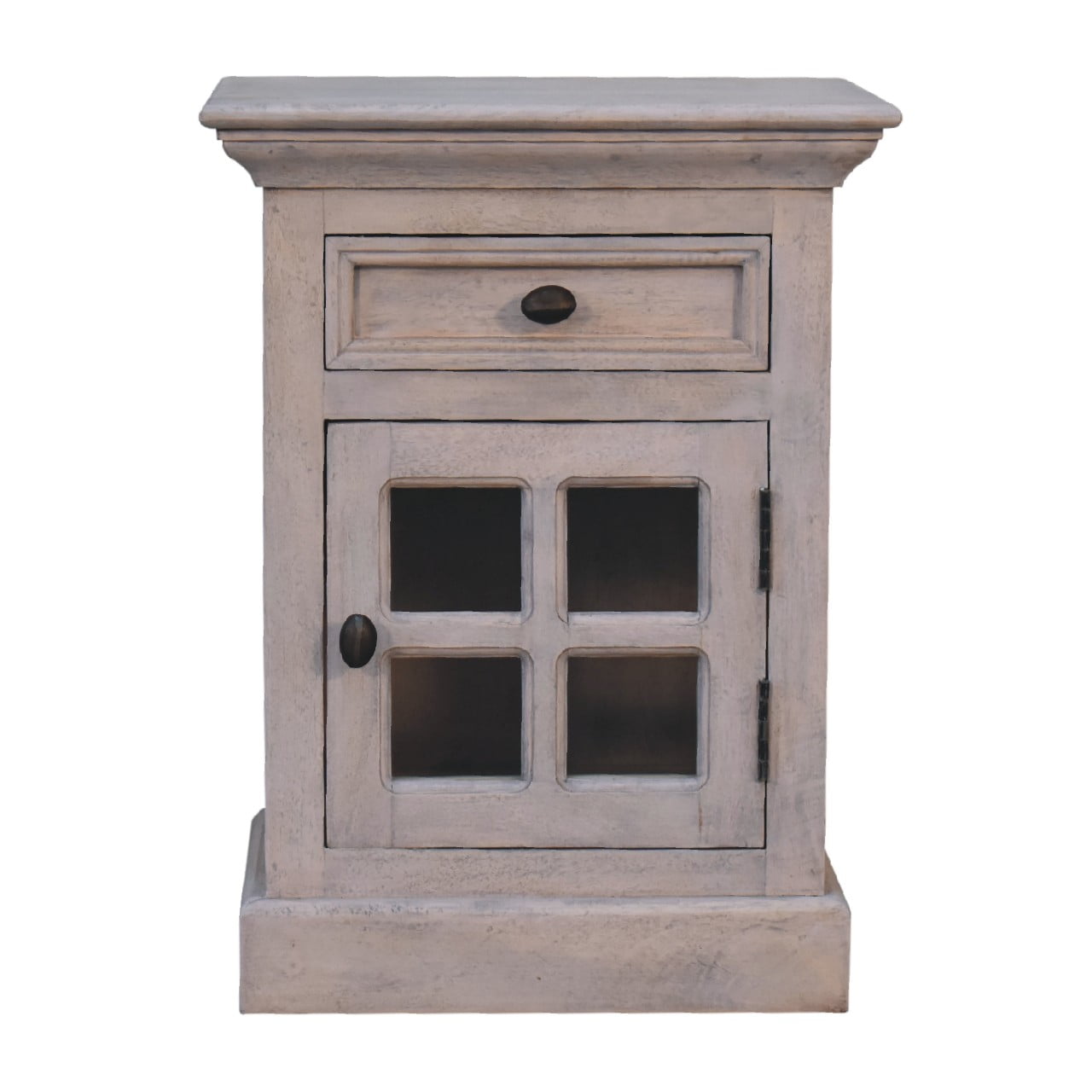 Stone Finish Gray Wood Bedside Table with Glazed Door