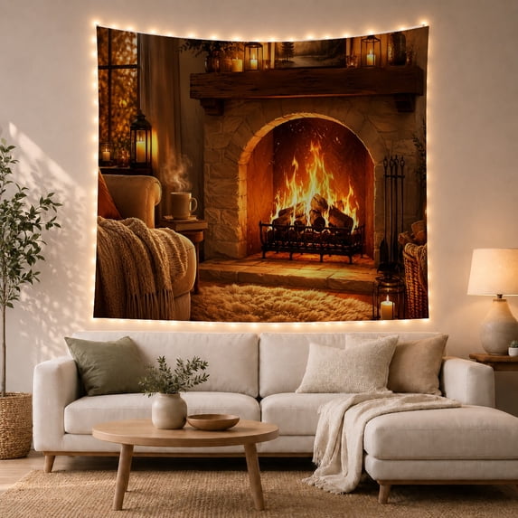 Stone Fireplace in a Candlelit Reading Corner, Cozy Rustic for Home Decor Lovers, Hearth Wall Art, Housewarming Gift, Tapestry Wall Hanging for Living Room and Bedroom