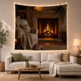 thumbnail image 1 of Stone Fireplace in a Golden Firelit Nook, Peaceful Rustic Style for Book Lovers, Fireside Home Decor, Housewarming Gift, Tapestry Wall Hanging for Bedroom and Living Room, 1 of 7