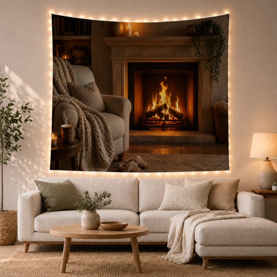 Stone Fireplace in a Golden Firelit Nook, Peaceful Rustic Style for Book Lovers, Fireside Home Decor, Housewarming Gift, Tapestry Wall Hanging for Bedroom and Living Room