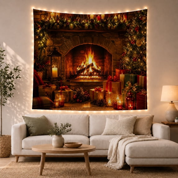 Stone Fireplace with Pine Garland, Lit Tree and Gifts, Cozy Rustic for Holiday Decor Lovers, Festive Hearth Art, Christmas Gift, Tapestry Wall Hanging for Living Room and Den