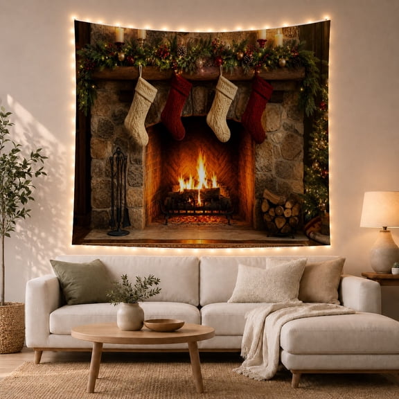 Stone Fireplace with Stockings and Garland, Cozy Farmhouse for Christmas Decor Lovers, Hearth Wall Art, Christmas Gift, Tapestry Wall Hanging for Living Room and Entryway