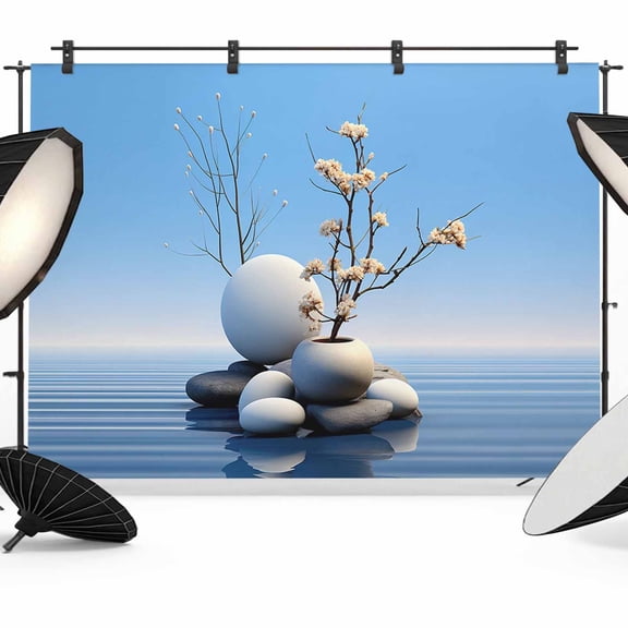 Stone Flower,Backdrop for Photoshoot,Photography Photo Studio Background Wall Backdrop,Contemporary Nature Lake Landscape Blue Back Drop Banner Panel for Portraits Wedding Party Live Streaming 8x6Ft