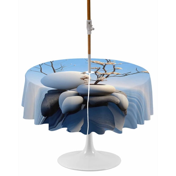 Stone Flower, Round Outdoor Tablecloth, Waterproof Table Cloth Cover with Umbrella Hole and Zipper, Contemporary Nature Lake Landscape Blue Table Protector for Patio Party Picnic 54" Round