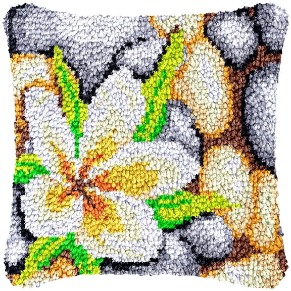 Stone & Flowers Latch Hook Kits Pillow Cover DIY Rug Making Crochet Hook Cushion Making Kits with Preprinted Pattern Canvas DIY Needlework Crochet Kits Sofa Decor 43x43cm