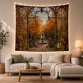 thumbnail image 1 of Stone Fountain in Autumn Garden Through Ornate Window, Romantic Rustic for Nature Lovers, Tranquil Botanical Wall Art, Housewarming Gift, Tapestry Wall Hanging for Living Room and Dorm, 1 of 7