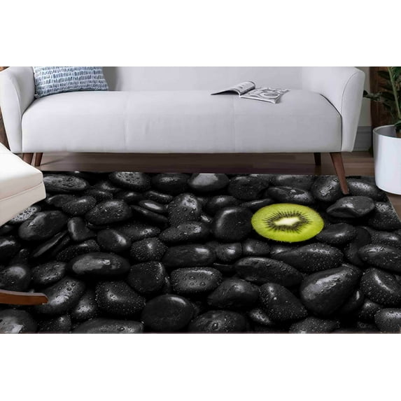 Stone Fruit Kiwi Rug, Trendy Rug, Stone Pattern Rugs, Modern Rug, Bedroom Rug, Pet Friendly Rug, Non Slip Rug, Black Rug, Home Decor Rug, 2.6'x4' - 80x120 cm