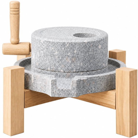 Stone Grain Mill Grinder for Home - Handmade Countertop Wheat & Flour Disk Grinder with Wooden Stand for Bread, Tortillas, Spices