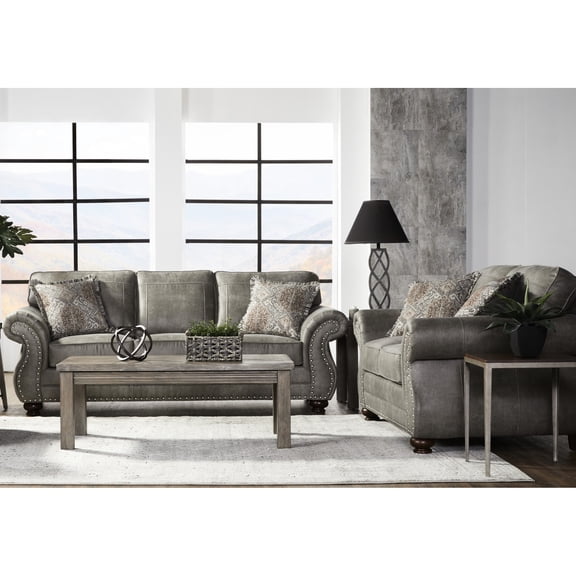 Stone Gray Faux Leather & , Hardwood Frame, Foam, Fabrics, Transitional Design With Nailhead Accents And Included Pillows , Construction, Style Details Accent