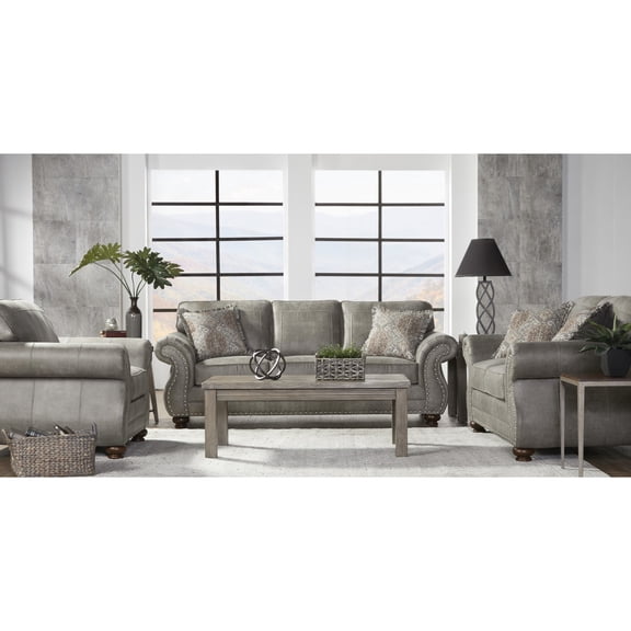 Stone Gray Faux Leather - Wood Bun Feet Feature - Indoor Furniture - Traditional with a Twist
