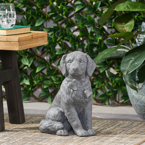 Stone Gray Outdoor Dog Statue for Garden Decor, Lightweight Concrete MGO Dog Figurine No Assembly Required