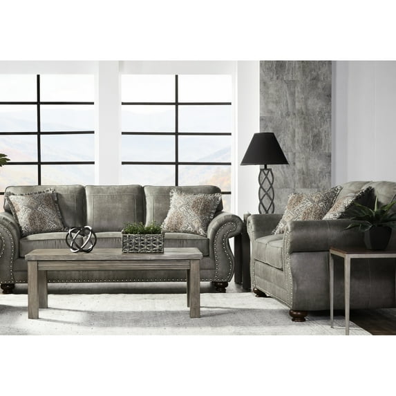 Stone Gray Upholstered And , Faux Leather, Nailhead Trim, Transitional Decor With Soft Luxury Cushions Pillows Leather Trimmed, Comfy Fashion