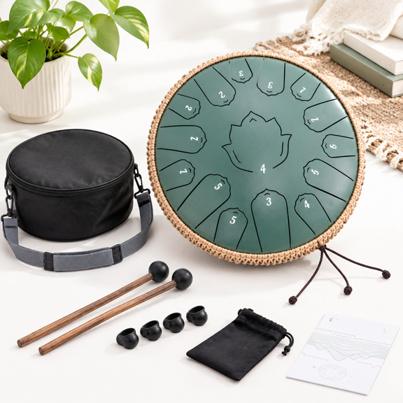 Stone Green 13 Inch 15 Notes Steel Tongue Drum Handpan Percussion Instrument