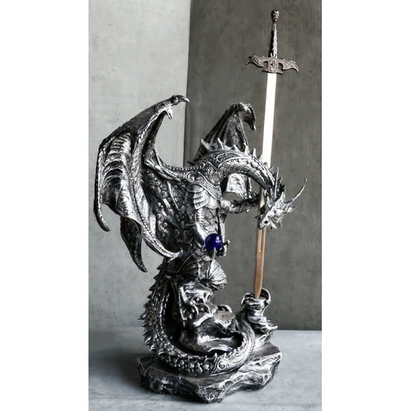 Stone Grey Dragon Holding Blue Orb and Drake Skull Sword Letter Opener Figurine
