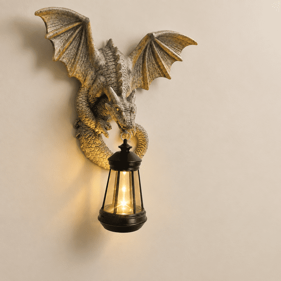 Stone Grey - Dragon with Lantern Solar- Garden Statue Tree Hanger Wall Decor