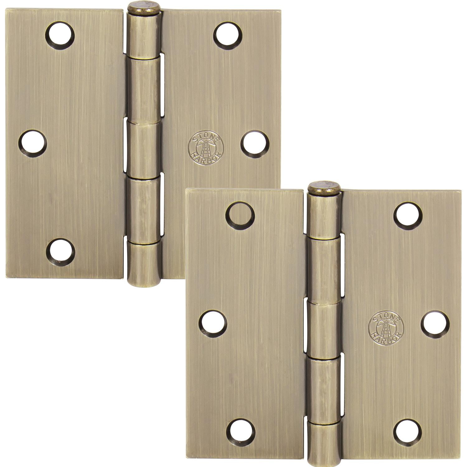 Antique Brass 3-1/2" Steel Door Hinges, Square Corner, Set of 2