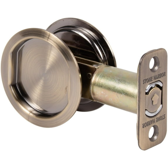 Stone Harbor Hardware Round Pocket Door Lock, Passage Function, 2-3/4" Backset, Antique Brass